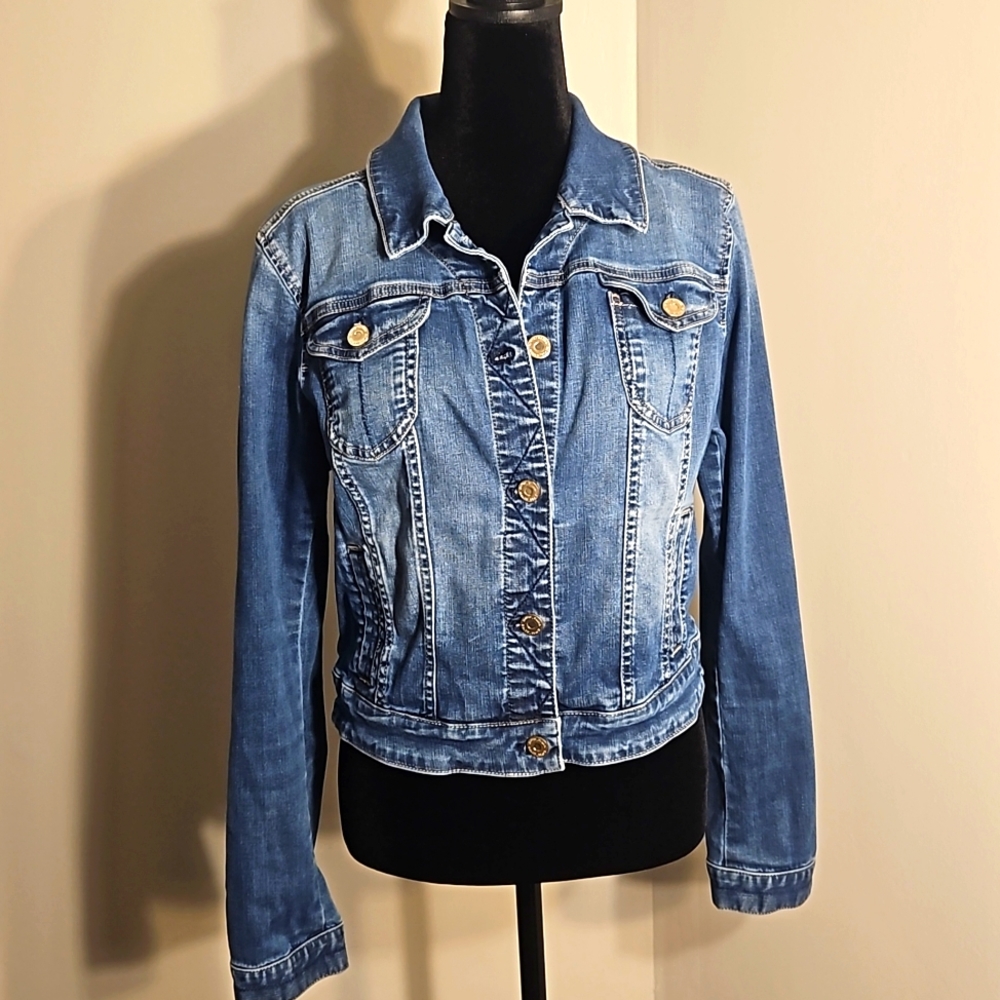 WHBM Denim Stretch Cropped Jacket, Blue, Size 14